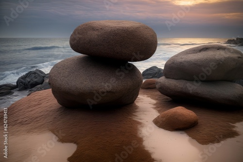 A Pile Of Rocks Sitting On Top Of A Sandy Beach