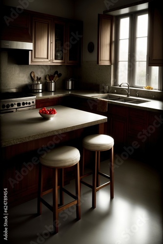 A Kitchen With Two Stools And A Bowl Of Fruit On The Counter