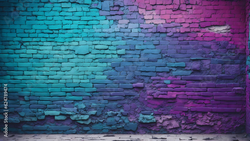 Vibrant Brick Mosaic: Toned Wall with Blue, Purple, Magenta, Teal, and Green Gradient. Rough, Textured Surface Creating an Artistic and Colorful Background with Ample Space for Design. Evoking a Dark © Asiri