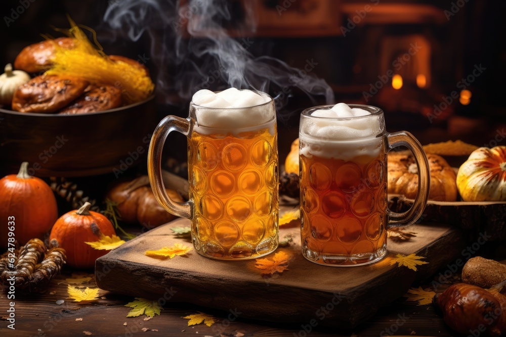 A mug of cold beer, a board with Bavarian sausages and snacks on a wooden background. Celebrating Oktoberfest. Generative AI A mug of cold beer, a board with Bavarian sausages and snacks on a wooden background. Celebrating Oktoberfest. Generative AI