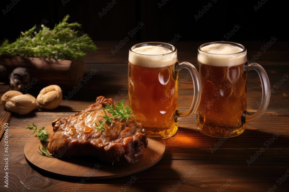 grilled meat and a mug of beer on a wooden background. Generative AI grilled meat and a mug of beer on a wooden background. Generative AI