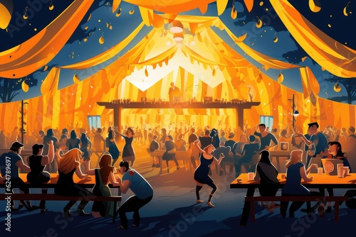 People drink in a beer tent at the Oktoberfest fair. illustration. Generative AI