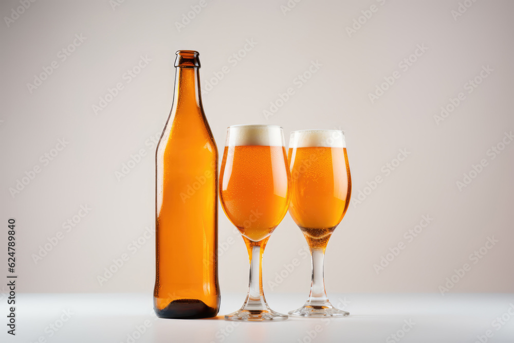 a bottle of beer and two glasses of beer on a white background. Generative AI a bottle of beer and two glasses of beer on a white background. Generative AI