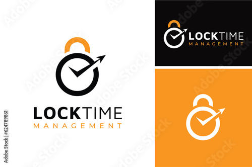Padlock with Check Mark Arrow and Clock Watch for Deadline Schedule Time Management logo design