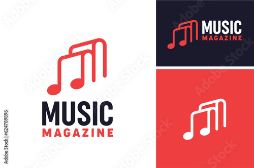Initial Letter M with Musical Notes and Book for Magazine Music Lesson Library logo design