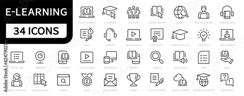E-learning thin line icons set. Online Education icon collection. E-learning and Education symbols. Vector
