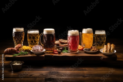 A set of beer glasses with different types of beer on a wooden background. Oktoberfest with grilled sausages, pretzels, potatoes, cucumber salad, sauces, beer on a wooden table.  Generative AI