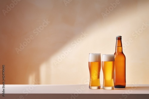  a bottle and glass of beer on a white surface, in the style of light yellow and light gold, soft tonal range. Generative AI