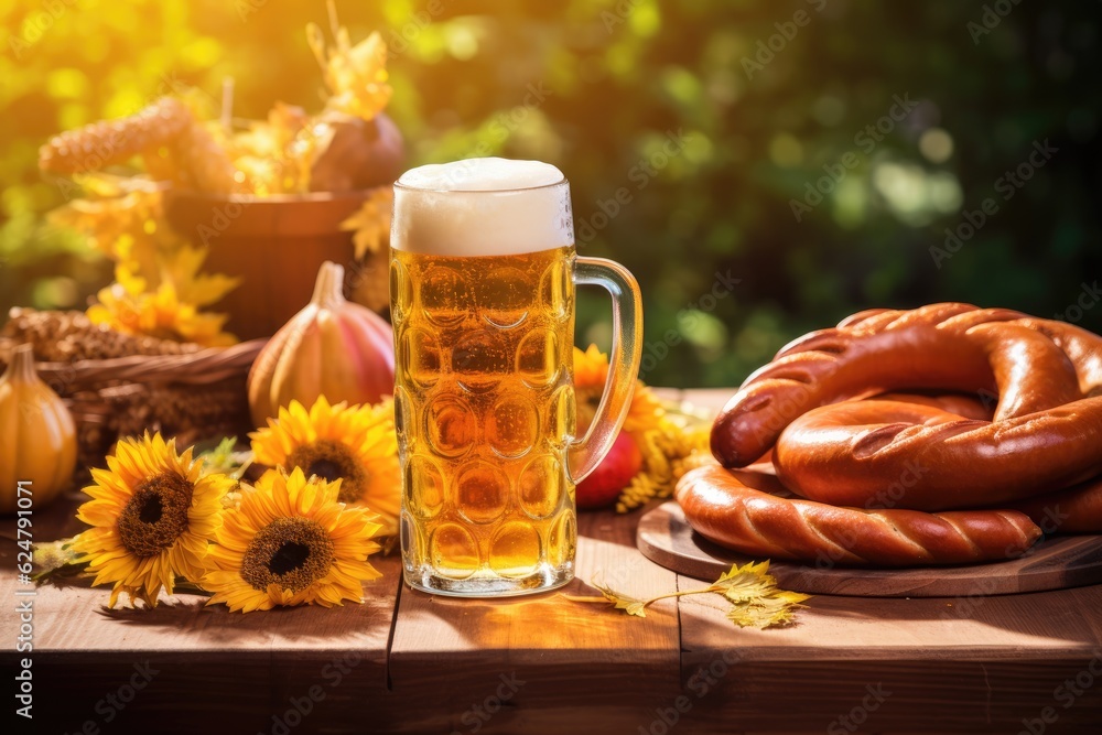 A glass of beer and sausages on a wooden table in the park. Generative AI A glass of beer and sausages on a wooden table in the park. Generative AI
