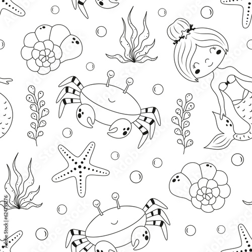 black and white seamless pattern with fish and seaweed