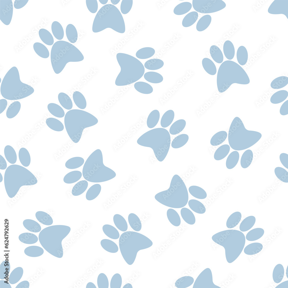 Fototapeta premium Blue paws of pets on a white background. Vector seamless pattern. Ideal for textiles, fabrics, packaging, wrapping paper