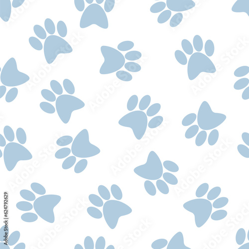 Blue paws of pets on a white background. Vector seamless pattern. Ideal for textiles, fabrics, packaging, wrapping paper