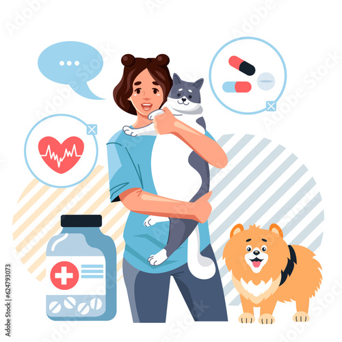 A female veterinarian holds a cute spotted cat in her arms and treats a dog. Consultation of a veterinarian. Animal hospital. Vector illustration in cartoon style, isolated on a white background