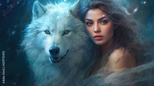 A captivating novel cover featuring a mystical woman adorned in ethereal attire, accompanied by a fierce and majestic wolf. AI generated