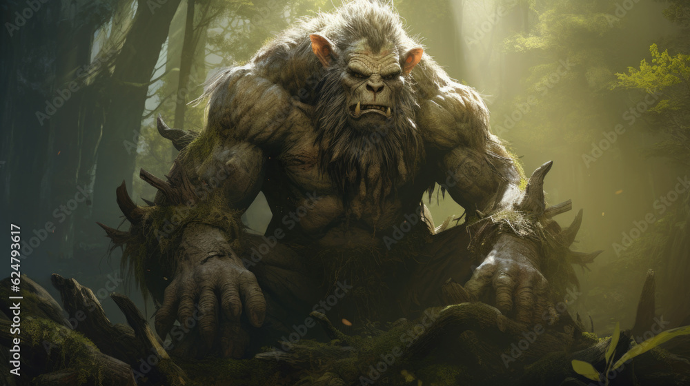 A fearsome ogre with green skin and a wicked grin, lurking in the shadows of an enchanted woodland. AI generated