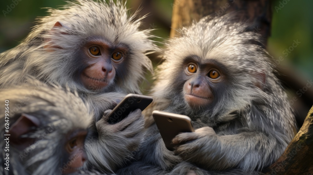 Fototapeta premium Adorable Monkeys Playing with a Cell Phone