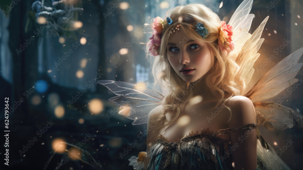 Fototapeta premium An ethereal fairy princess, adorned in a flowing gown and sparkling with pixie dust, poised to lead an extraordinary adventure in a magical realm. AI generated