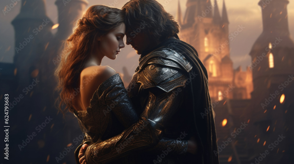 Naklejka premium A magical maiden embraces a fearless knight, their connection radiating with both tender affection and the strength required to conquer the challenges of a fantasy world. AI generated