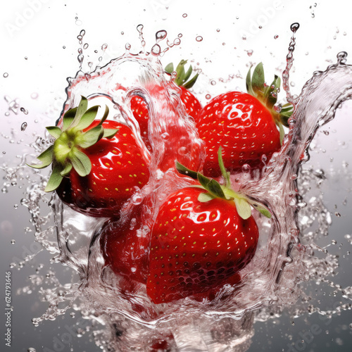 Water splash with ripe strawberries.Background