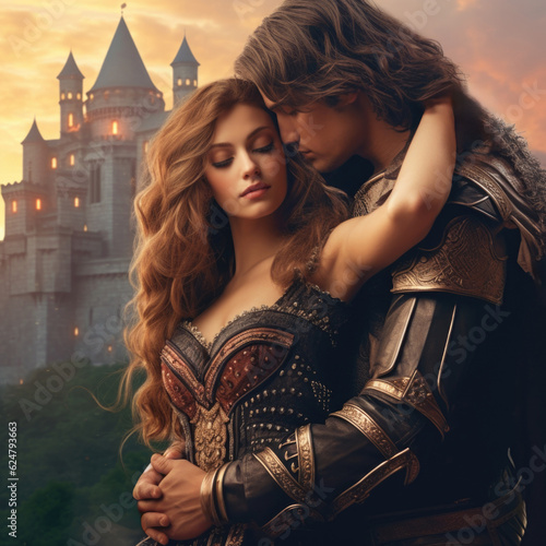 A captivating sorceress entwines herself around a courageous warrior, their embrace depicting the magical bond that intertwines their destinies in a thrilling fantasy novel. AI generated