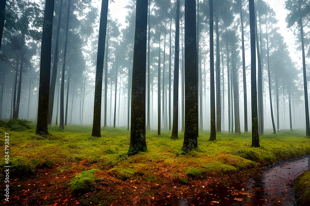 Naklejka premium a clear picture of a warm dreamy forest in the rain. Generative AI
