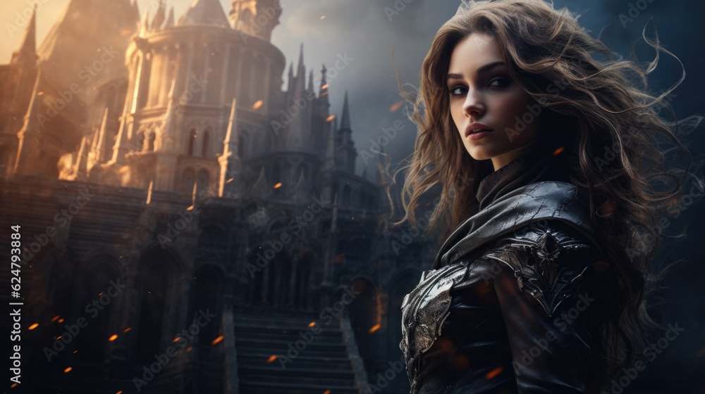 An epic fantasy heroine wearing intricate armor, standing on a rocky ...