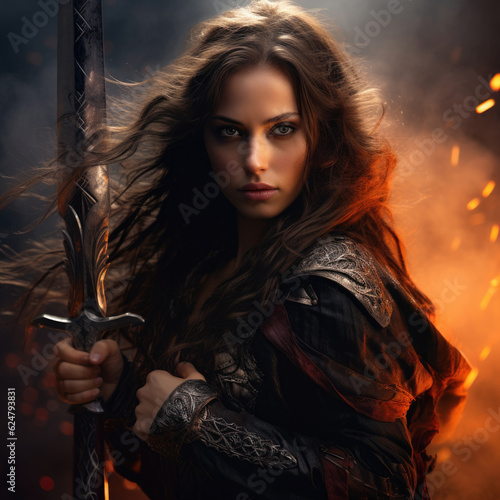 A powerful fantasy woman warrior with flowing hair, striking a pose with her weapon against a dramatic background. AI generated