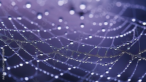 A captivating close-up of a vibrant and intricate spiderweb adorned with morning dew, against a clean and minimalistic background, offering negative space for text or design elements. Generative AI. 