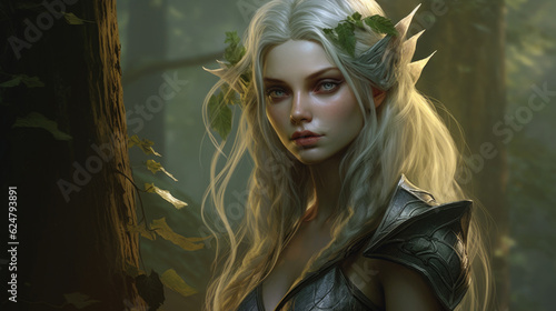 A mesmerizing elven creature with radiant beauty, adorned in nature-inspired attire, blending seamlessly with a magical forest. AI generated