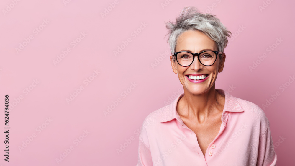 Smiling attractive woman 50s years old look to the camera, wearing glasses, isolated on plain pink background studio portrait. People lifestyle concept. AI Generated. Smiling attractive woman 50s years old look to the camera, wearing glasses, isolated on plain pink background studio portrait. People lifestyle concept. AI Generated.