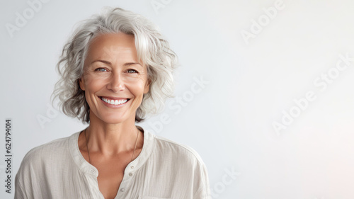 Smiling attractive woman 50s years old look to the camera, isolated on plain white background studio portrait. People lifestyle concept. AI Generated.