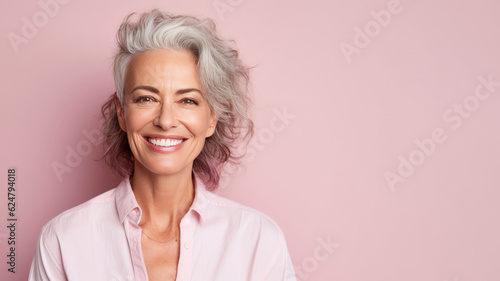 Smiling attractive woman 50s years old look to the camera, isolated on plain pink background studio portrait. People lifestyle concept. AI Generated.