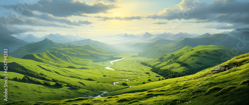 Beautiful sunshine spreads with warm colors around the green grass and fields with a view around the mountains landscapes, Switzerland mountains at sunset.