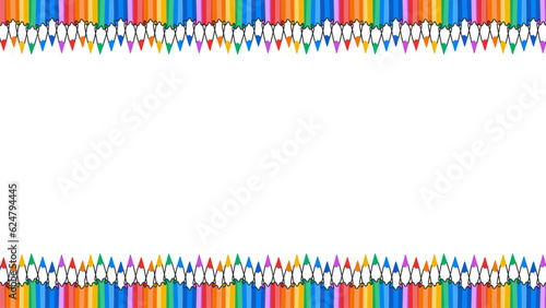 Color pencils background with copy space. Banner, poster template, frame with multicolored school supplies. Vector illustration isolated on white backdrop