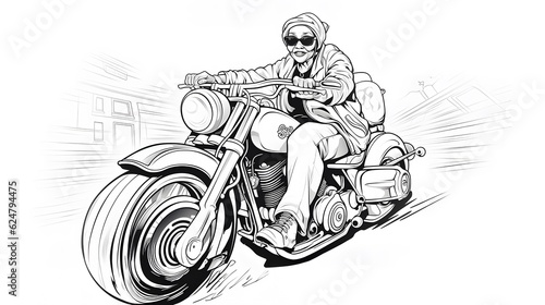 Grandmother riding a chopper motorbike isolated on white background