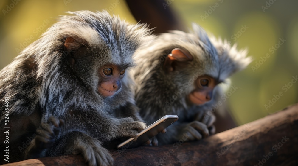 Fototapeta premium Adorable Monkeys Playing with a Cell Phone