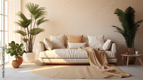 Beautiful sunny living room with a stylish sofa  table and plants in beige tones. Generative AI.