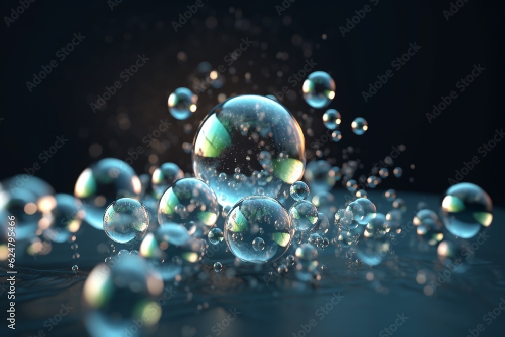 Soap bubbles 3d in the dark background. AI generated