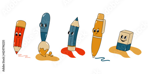 Vector set of cartoon retro mascots colored illustrations of stationery - pen, pencil, brush and eraser. Vintage style 30s, 40s, 50s old animation. The clipart is isolated on a white background.