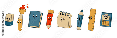 Vector set of cartoon retro mascots colored illustrations of stationery - pencil, book, notebook and brush. Vintage style 30s, 40s, 50s old animation. The clipart is isolated on a white background.
