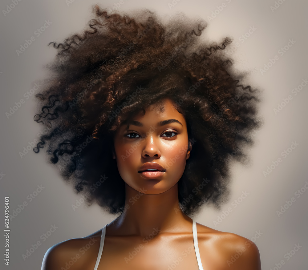 Fototapeta premium Young black woman with big afro hair, looking straight at you. 