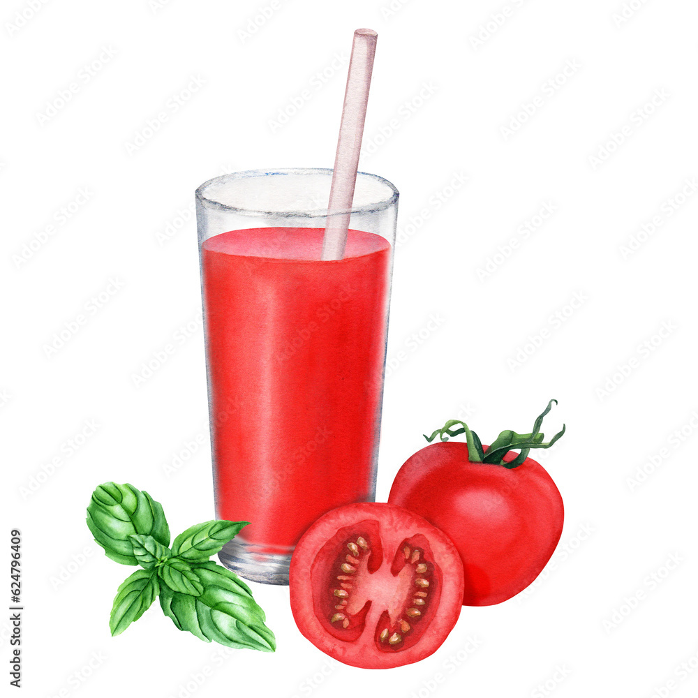 A glass of tomato juice with a straw, basil and tomatoes. Hand drawn watercolor illustration for clip art decor menu A glass of tomato juice with a straw, basil and tomatoes. Hand drawn watercolor illustration for clip art decor menu