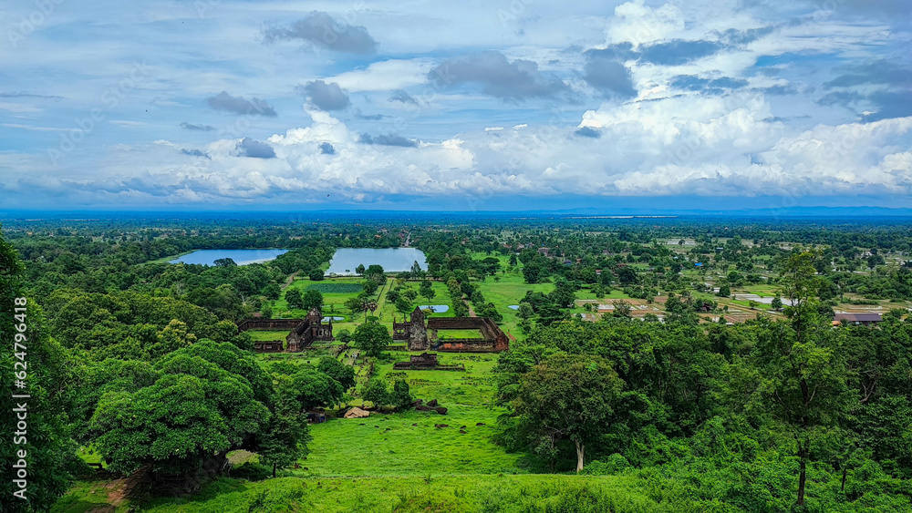 The famous beautiful view landscape of the blue cloud top of green forest, in Wat Phou Hindu/vat Phou temple complex is the UNESCO world heritage site in Champasak, Southern Laos.