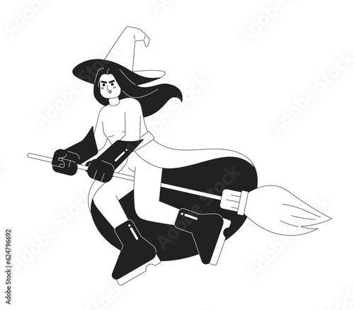 Evil witch on broom monochromatic flat vector character. Editable full body enchantress with long silver hair and green skin on white. Simple bw cartoon spot image for web graphic design