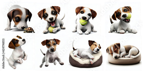 A Jack Russel Terrier puppy illustration set of 8 poses isolated on white background