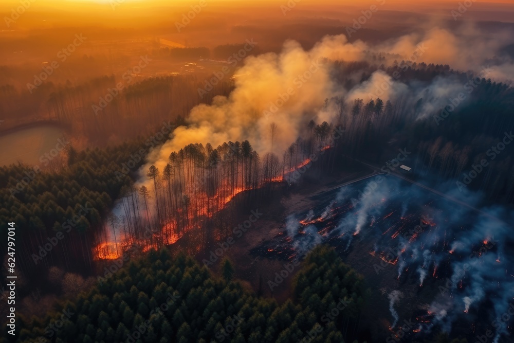 Aerial view of burning forest after wildfire at sunset in Poland.