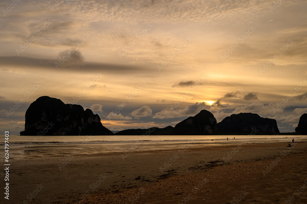 Nature, Landscape, Twilight time on the beach and reflection a mountain with sand.