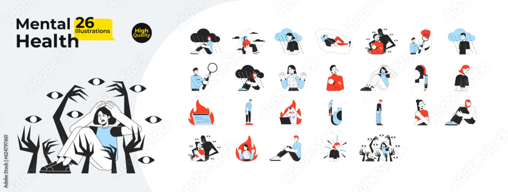 Mental health and psychology problem flat line concept vector spot illustrations bundle. People with mental illness 2D cartoon characters on white for web UI design. Editable hero image collection