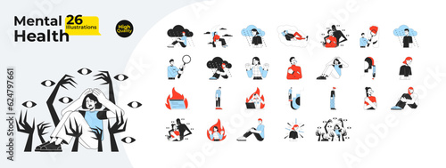 Mental health and psychology problem flat line concept vector spot illustrations bundle. People with mental illness 2D cartoon characters on white for web UI design. Editable hero image collection