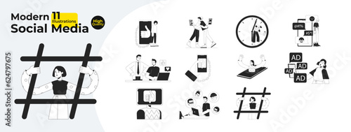 Social media problems bw concept vector spot illustrations bundle. Internet dependence 2D cartoon flat line monochromatic characters for web UI design. Editable hero image collection